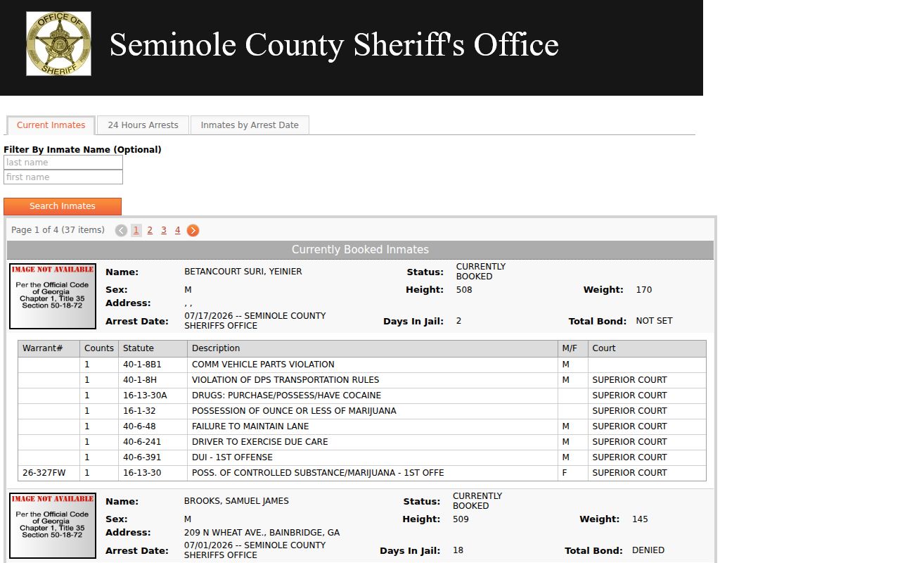 Seminole County live jail population interface